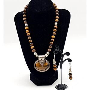 Best Tiger’s Eye Necklace Earrings Set Silver Tone Beads Pendant 18 Inch